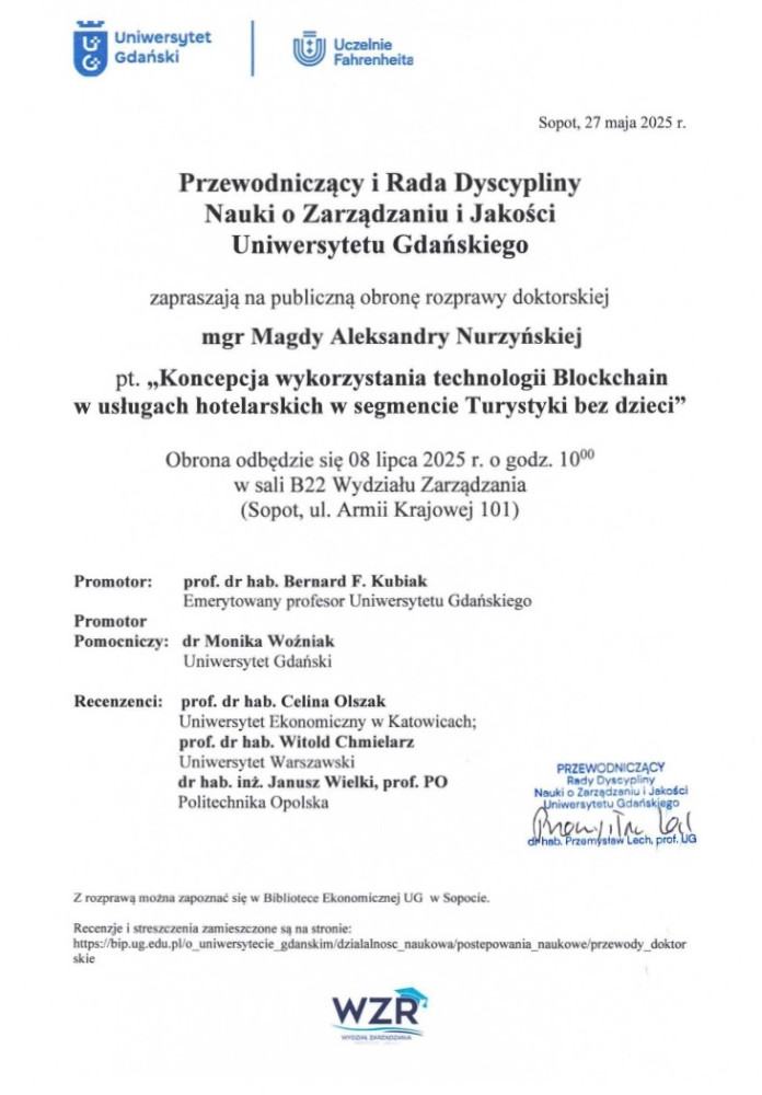 Publiczna obrona rozprawy doktorskiej mgr Magdy Aleksandry Nurzyńskiej
