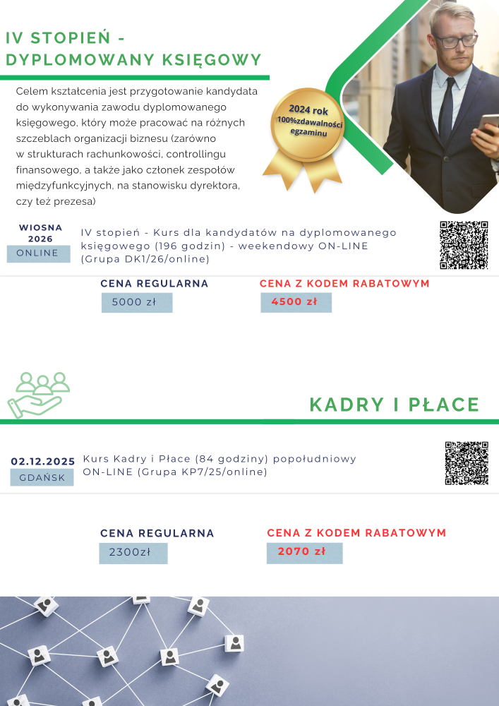 oferta na kursy certyfikowane z rachunkowości oraz kadry i płace- plakat