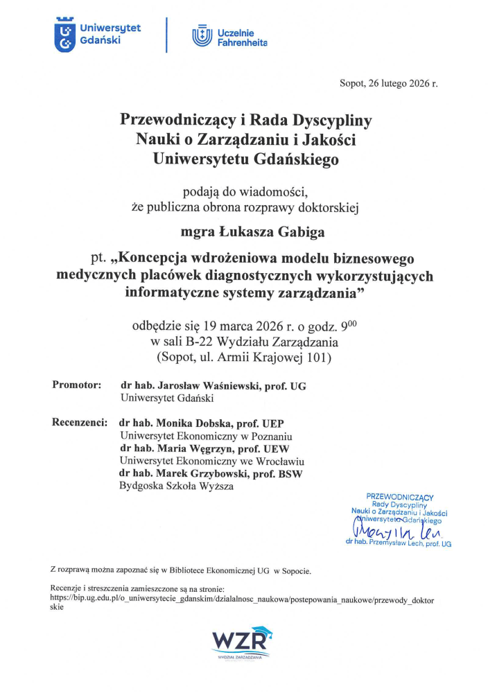 Publiczna obrona rozprawy doktorskiej mgra Łukasza Gabiga