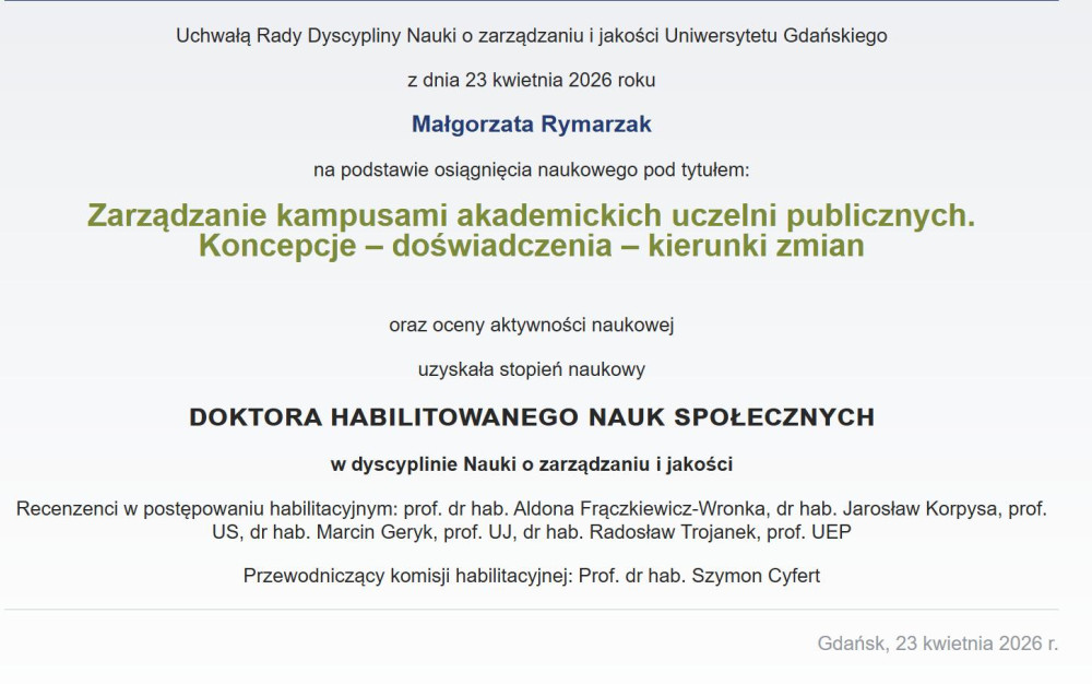 Uchwała Rady Dyscypliny Nauki o zarządzaniu i jakości UG