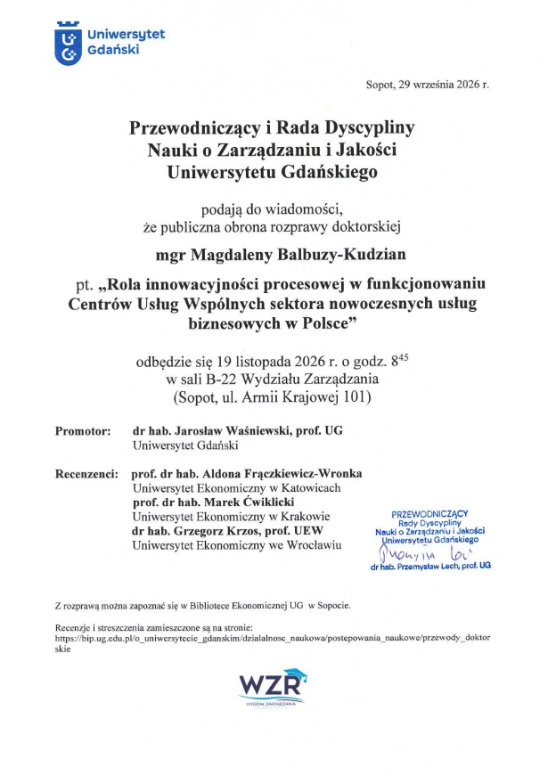Zaproszenie na obronę rozprawy doktorskiej mgr Magdaleny Balbuzy-Kudzian