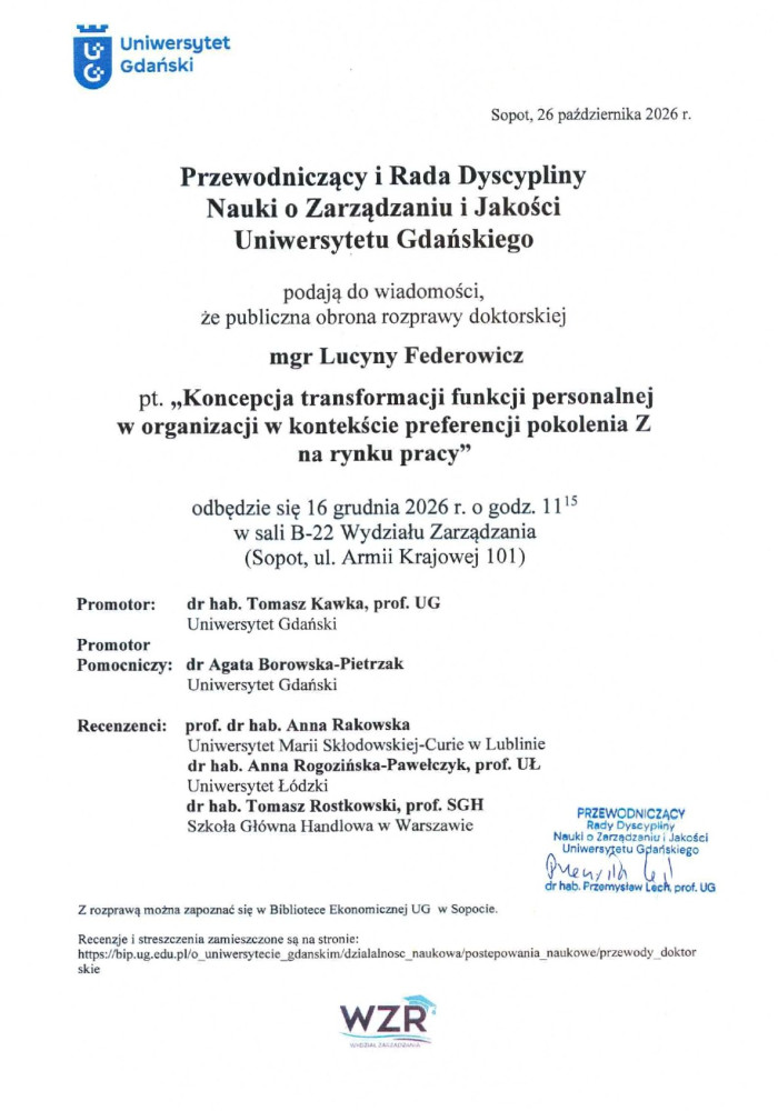 Zaproszenie na publiczną obronę rozprawy doktorskiej mgr Lucyny Federowicz