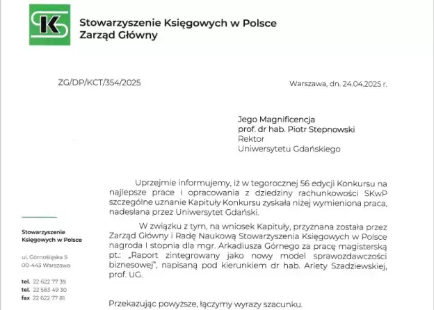 Nagroda dla mgr. Arkadiusza Górnego za pracę magisterską pt. „Raport zintegrowany jako nowy model…